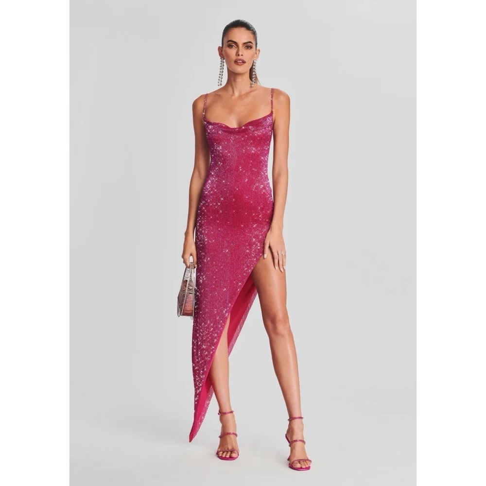 NWT Retrofete x May Mashiah Topaz Glass Beaded Dress In Fuschia L
